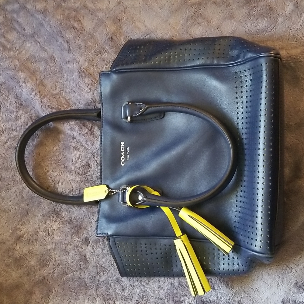 Coach Blue with Yellow Accents Tassel and Hangtag Leather Tote Purse EUC